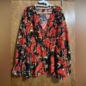 SHEIN 3X floral flounce sleeve peplum hem blouse